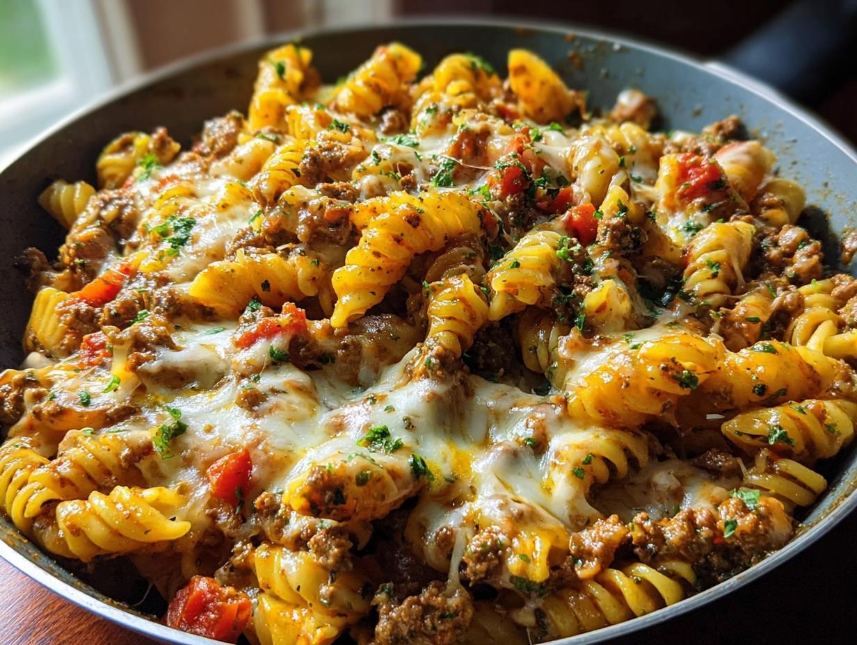Cheesy Ground Beef Pasta: Delicious 1 Skillet Dinner - Cheesy Ground Beef Pasta - additional detail
