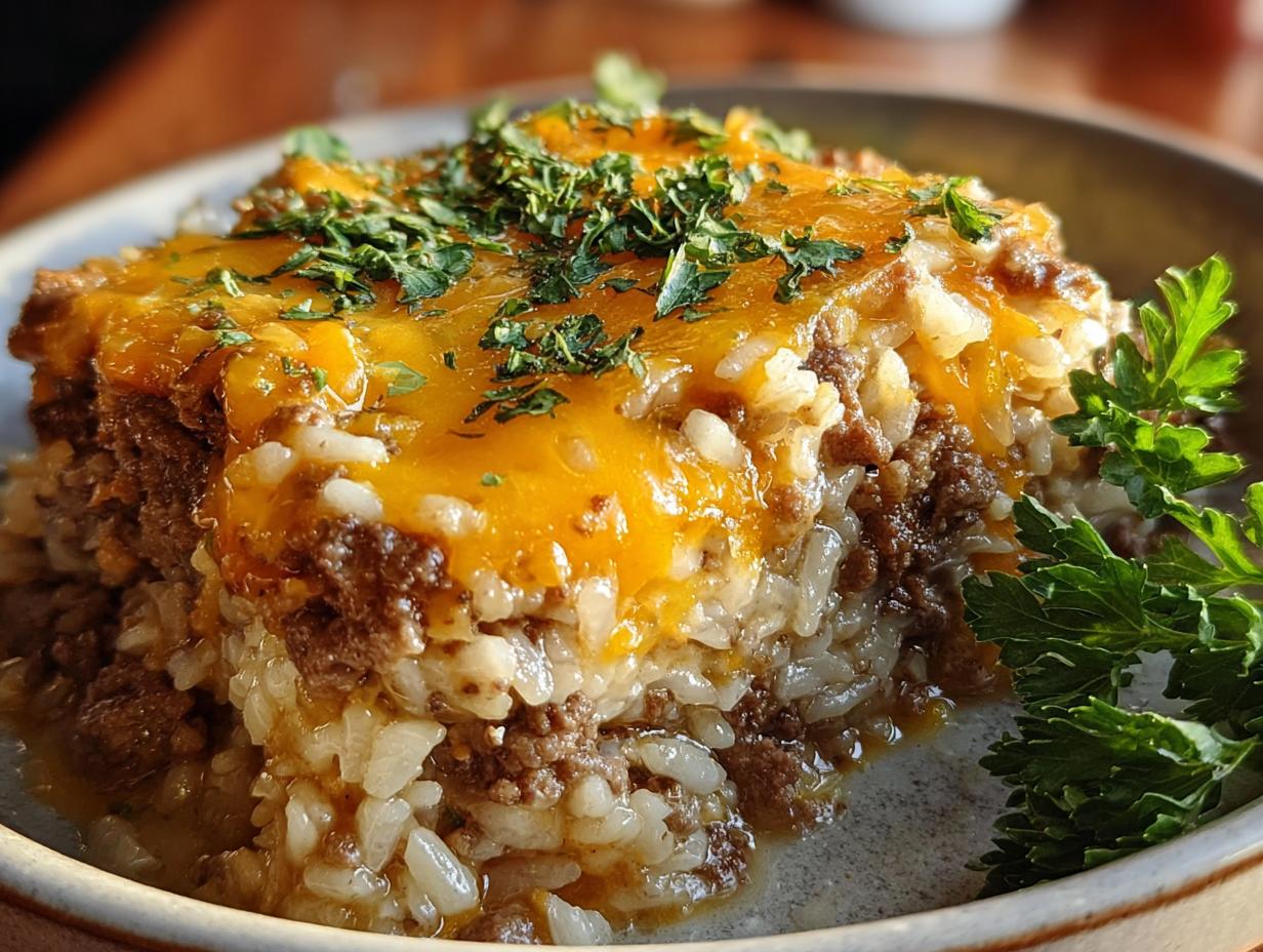 Cheesy Hamburger Rice Casserole: 10 Min Prep - Cheesy Hamburger Rice Casserole - additional detail