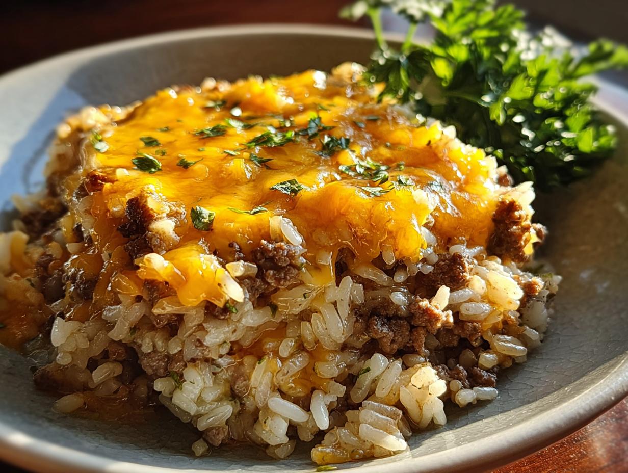 Cheesy Hamburger Rice Casserole: 10 Min Prep - Cheesy Hamburger Rice Casserole - additional detail
