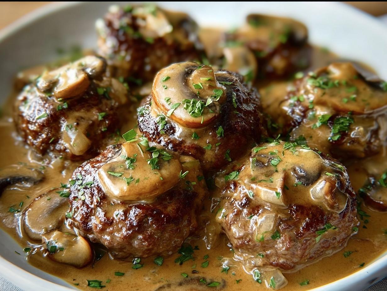 Smothered Rissoles Mushroom Gravy: 1 Comfort Dish - Smothered Rissoles Mushroom Gravy - additional detail