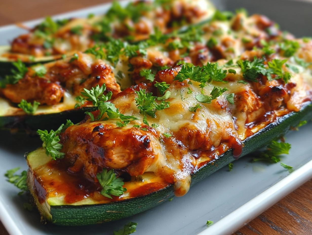 Sticky BBQ Chicken Zucchini boats filled with chicken and cheese