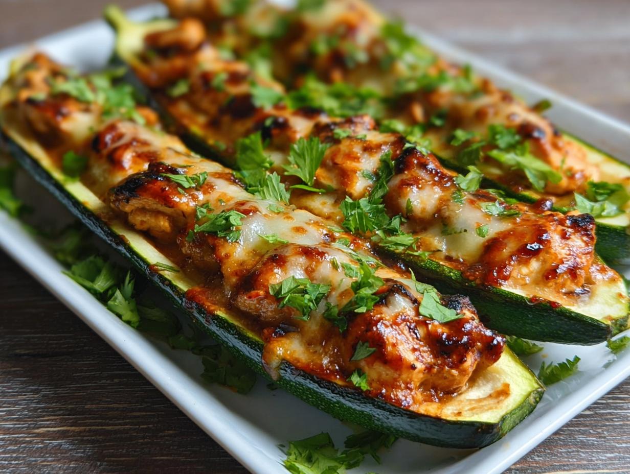 Close-up of sticky BBQ chicken zucchini boat with fresh herbs