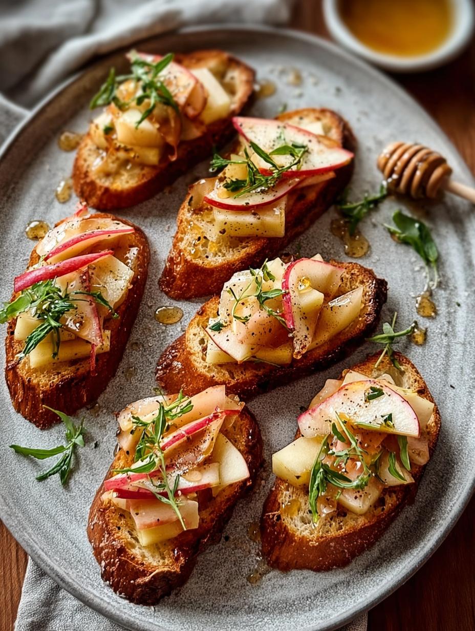 Delicious Apple Brie Crostini Hot with melted brie, crisp apple, and honey drizzle on a wooden board