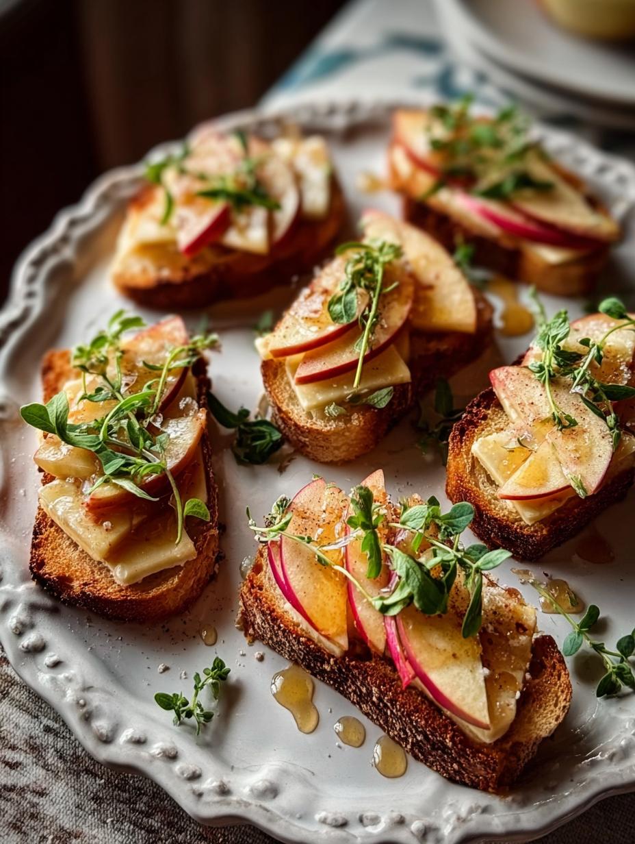 Close-up of Apple Brie Crostini Hot with melted cheese, apple slices, and thyme garnish