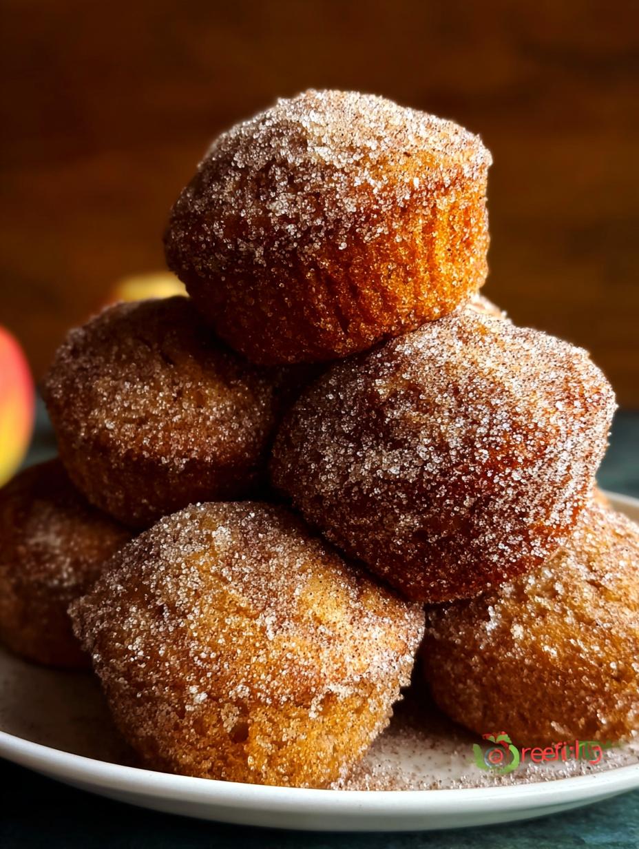 Close-up of a freshly baked Apple Cider Donut Muffin, showcasing its moist texture and cinnamon sugar topping
