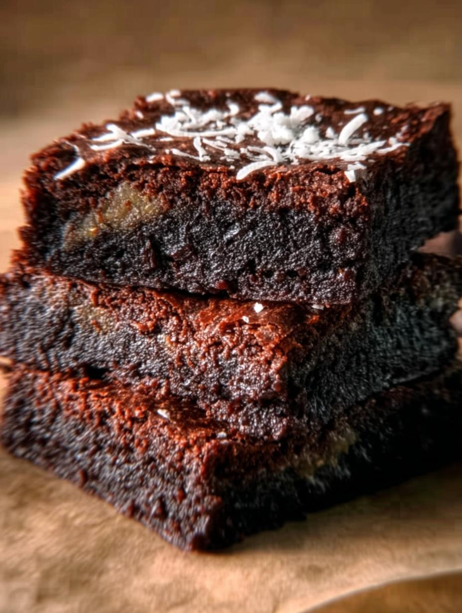 Close-up of a stack of rich Avocado Brownies with a dusting of cocoa powder