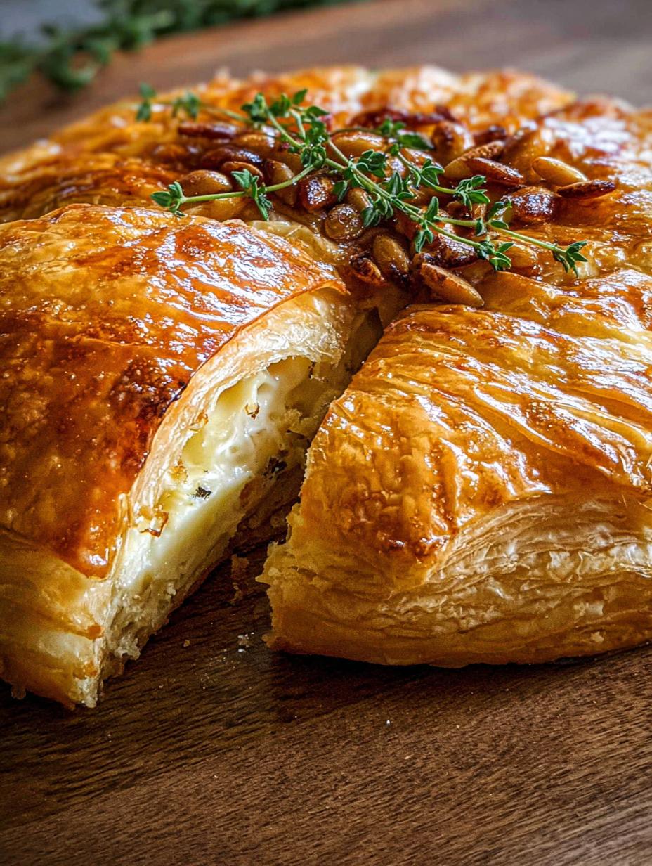 Delicious golden-brown Baked Brie Puff Pastry, perfectly baked and ready to serve, showcasing its flaky crust and gooey cheese.