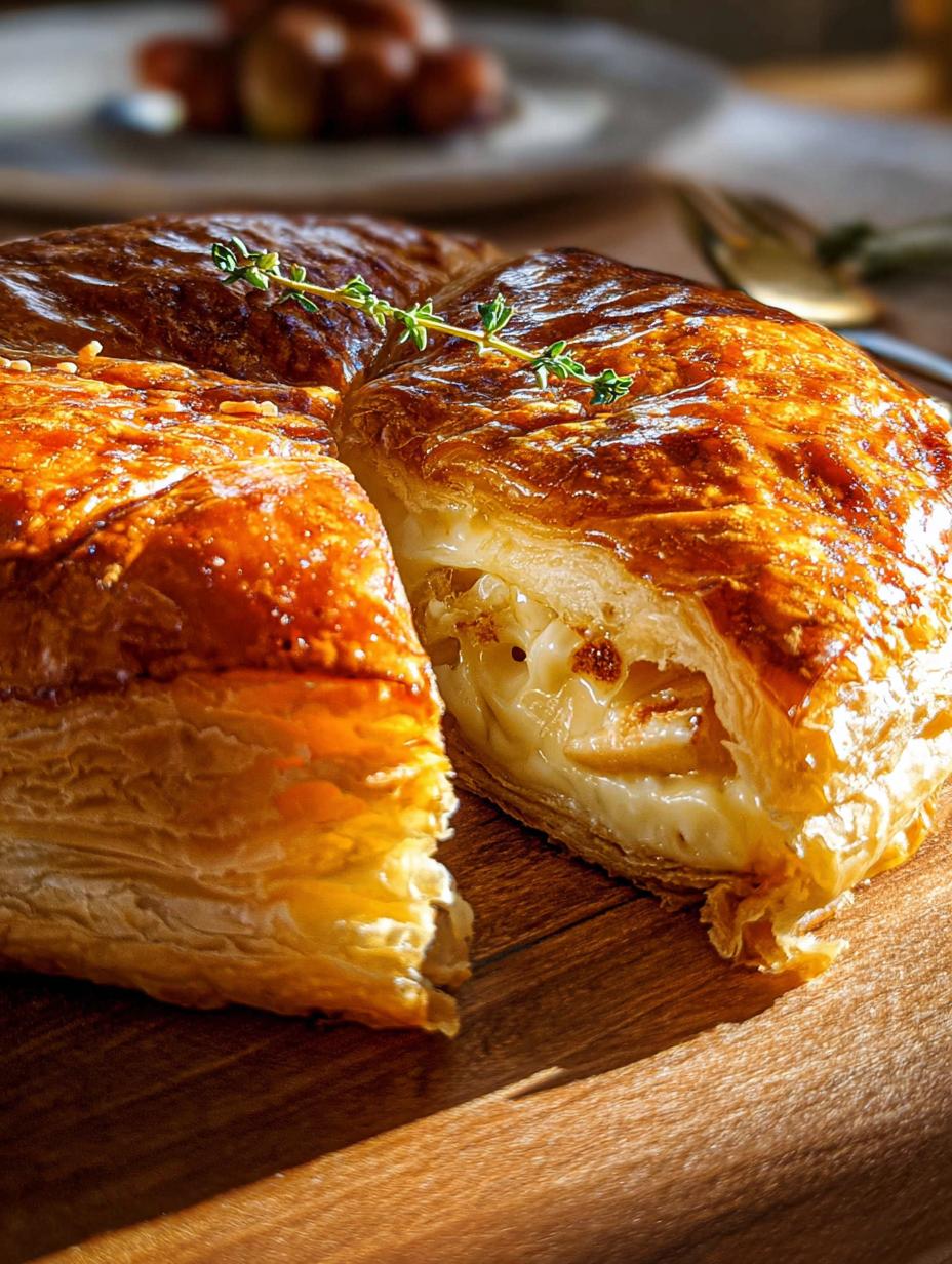 A close-up of a slice of Baked Brie Puff Pastry on a plate, showing the melted brie oozing out, surrounded by crackers and fruit.