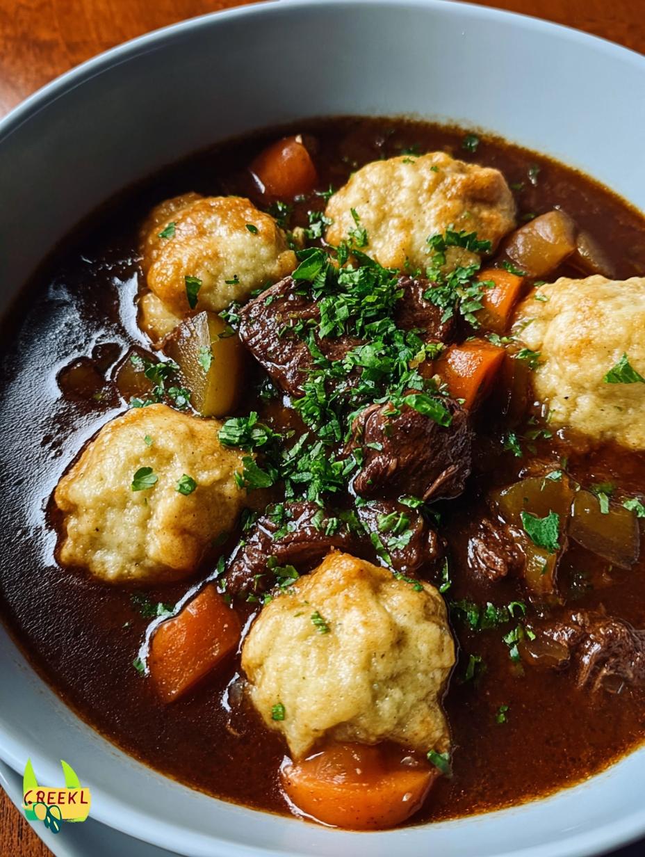 Amazing Beef Stew Dumplings: 1 Incredible Classic! - close-up of a bowl of hearty beef stew with fluffy dumplings and fresh parsley garnish