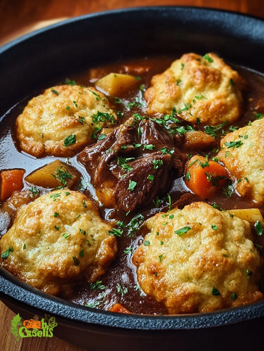 Amazing Beef Stew Dumplings: 1 Incredible Classic! - overhead shot of a pot of beef stew with dumplings cooking