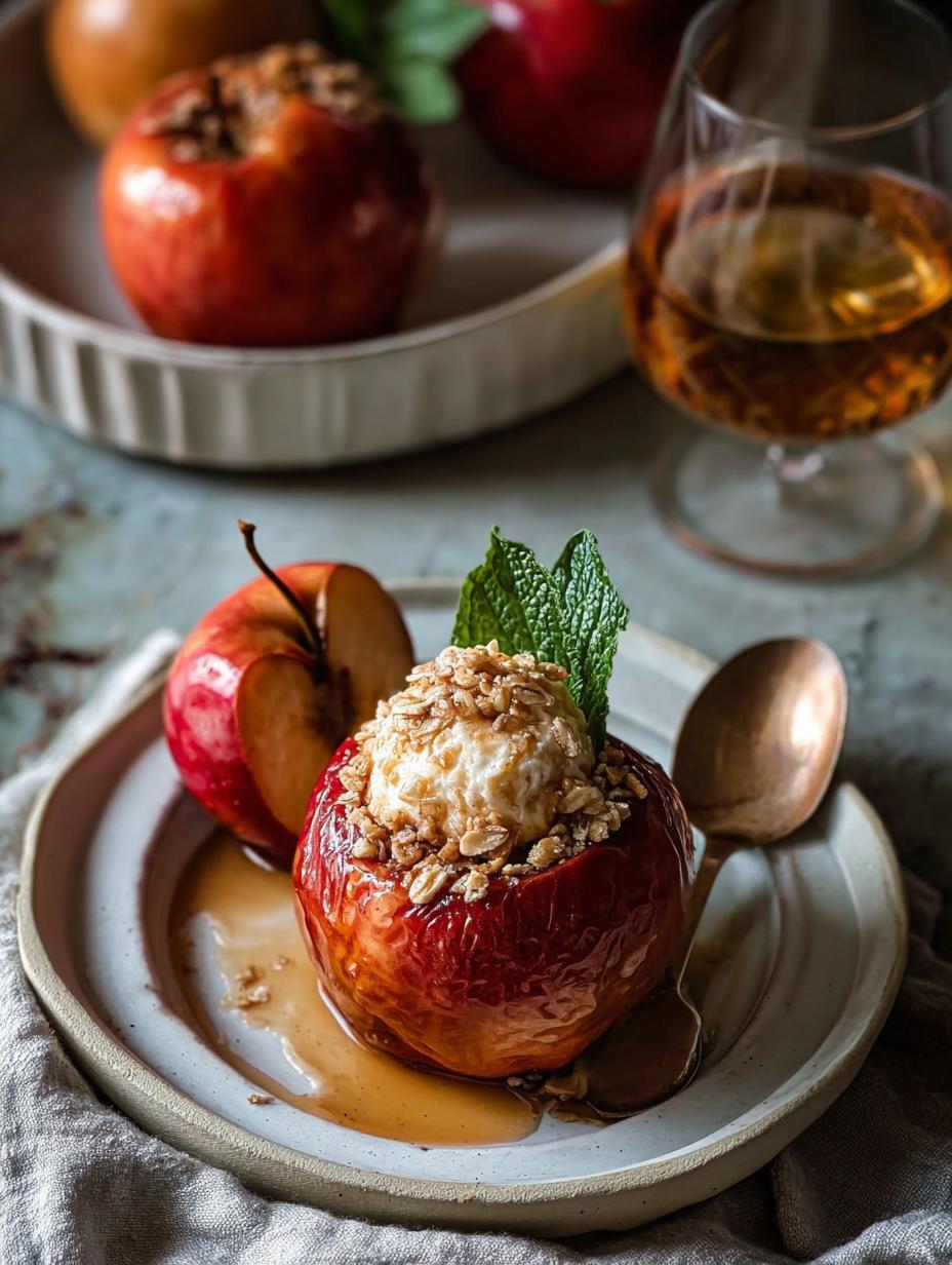 Delicious Bourbon Baked Apples Oat with a scoop of melting vanilla ice cream, garnished with cinnamon stick and fresh mint, ready to be served