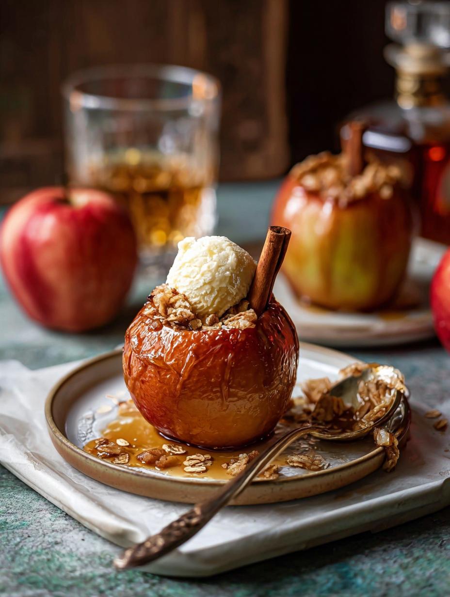 Close-up of a single Bourbon Baked Apple Oat, showing the golden-brown oat topping and tender apple flesh, served in a rustic bowl