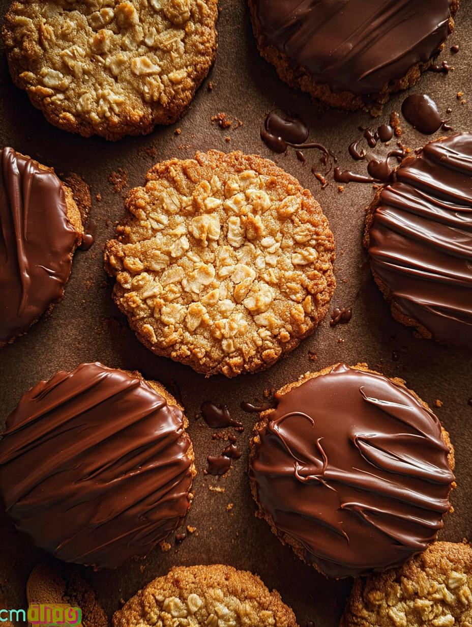 A stack of freshly baked Chocolate Hobnobs with melted chocolate, perfect for sharing