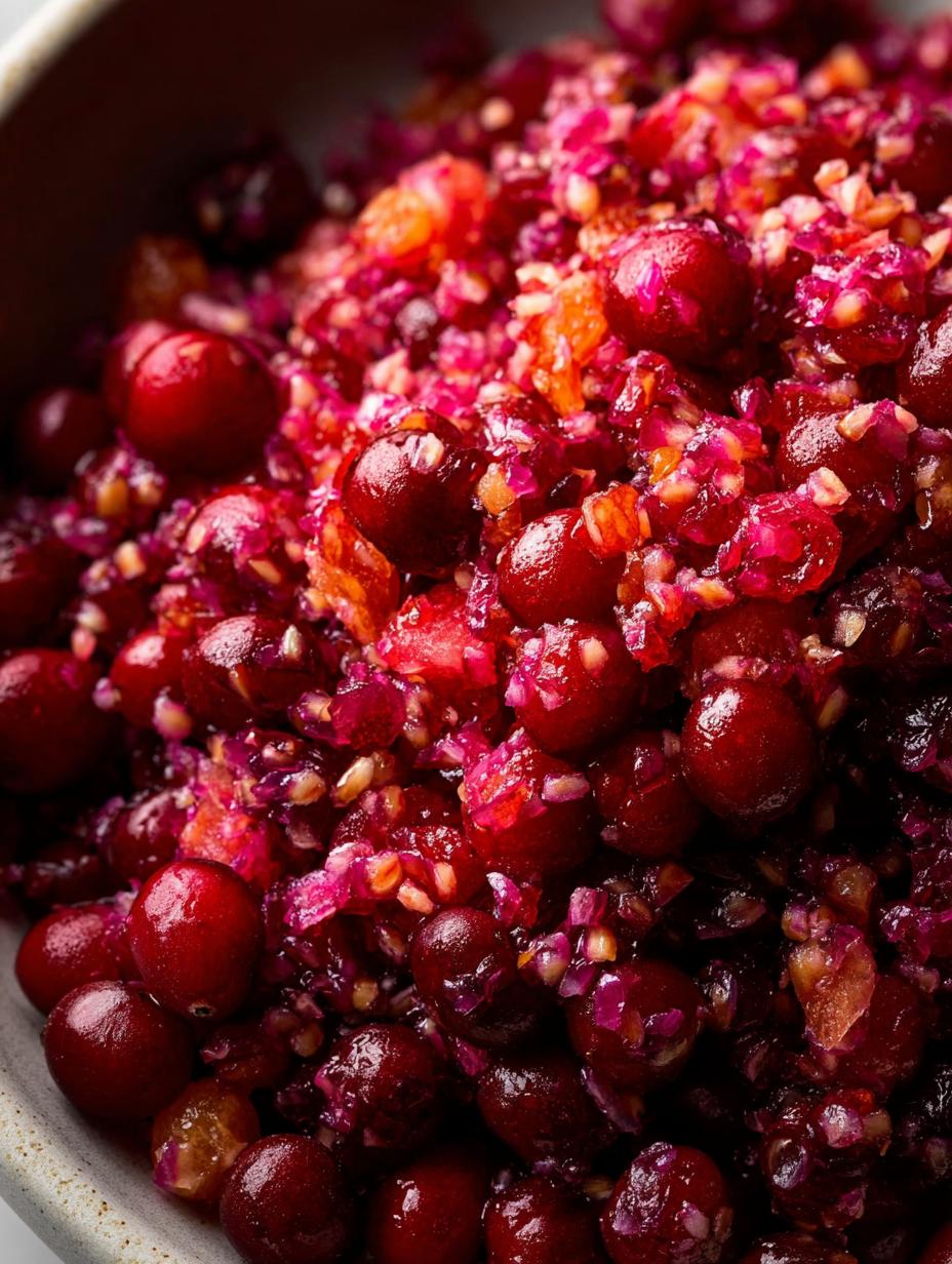 Vibrant Cranberry Orange Relish in a white bowl, garnished with fresh orange slices and cranberries, ready to serve