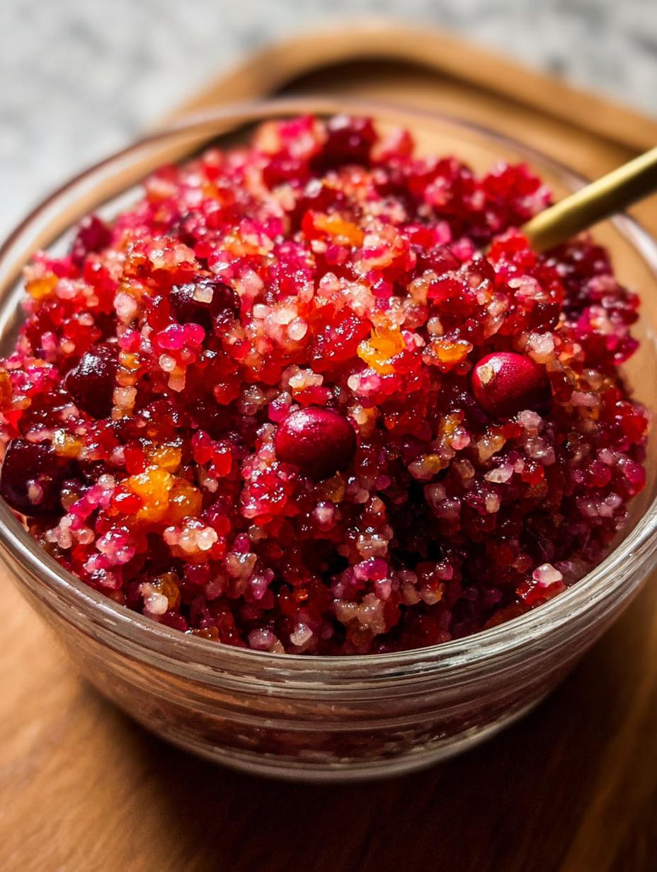 Close-up of fresh Cranberry Orange Relish in a glass bowl, showing the chunky texture of cranberries, oranges, and walnuts