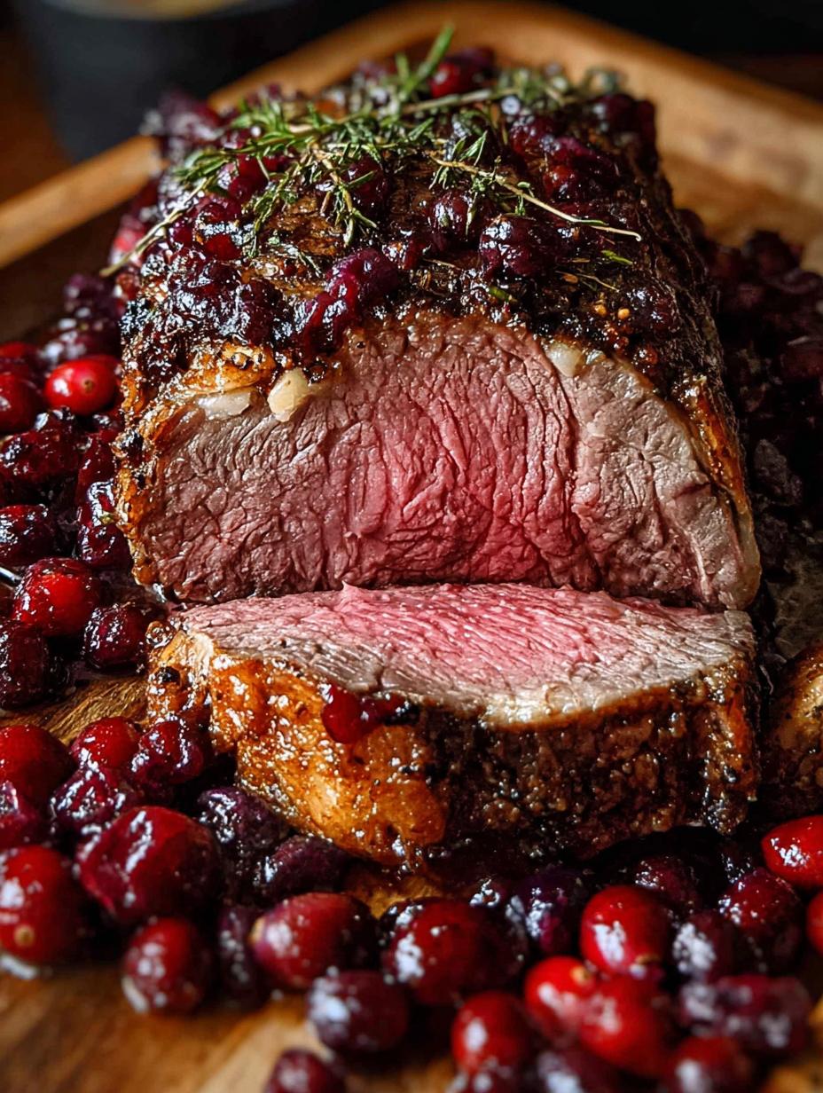 Delicious Slow Cooker Cranberry Roast Beef, perfectly cooked and ready to serve, showcasing its tender texture and rich cranberry glaze.