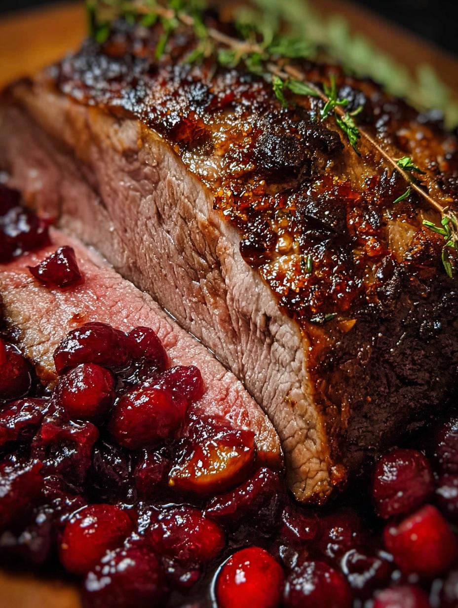 Close-up of a slice of Slow Cooker Cranberry Roast Beef, showing its juicy interior and glistening cranberry glaze, served with fresh herbs.