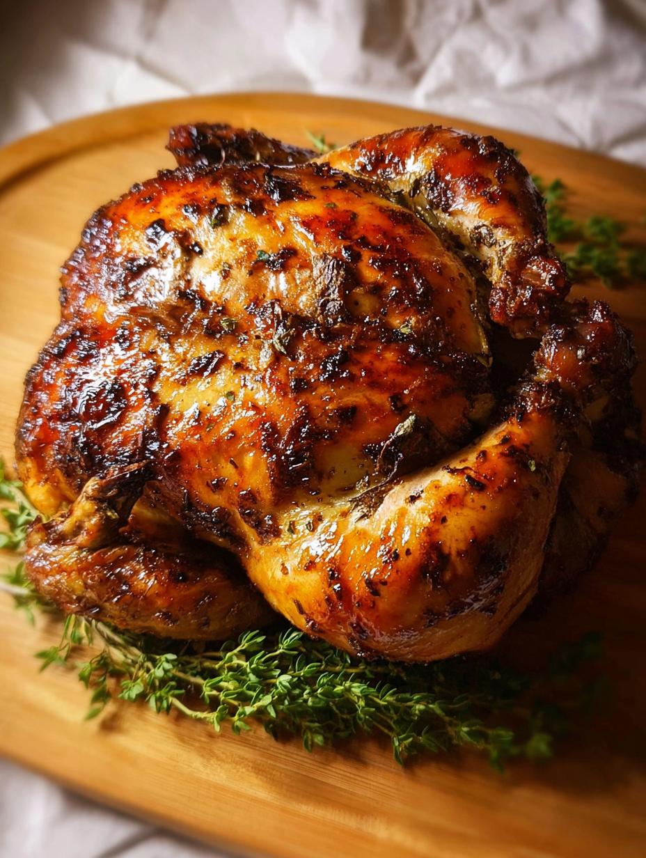 Close-up of a perfectly cooked Crock Pot Whole Chicken, golden brown and juicy, resting on a cutting board before carving.