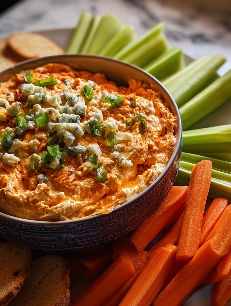 A close-up of creamy Crockpot Buffalo Chicken Dip garnished with blue cheese and chives, served with fresh celery and carrot sticks.