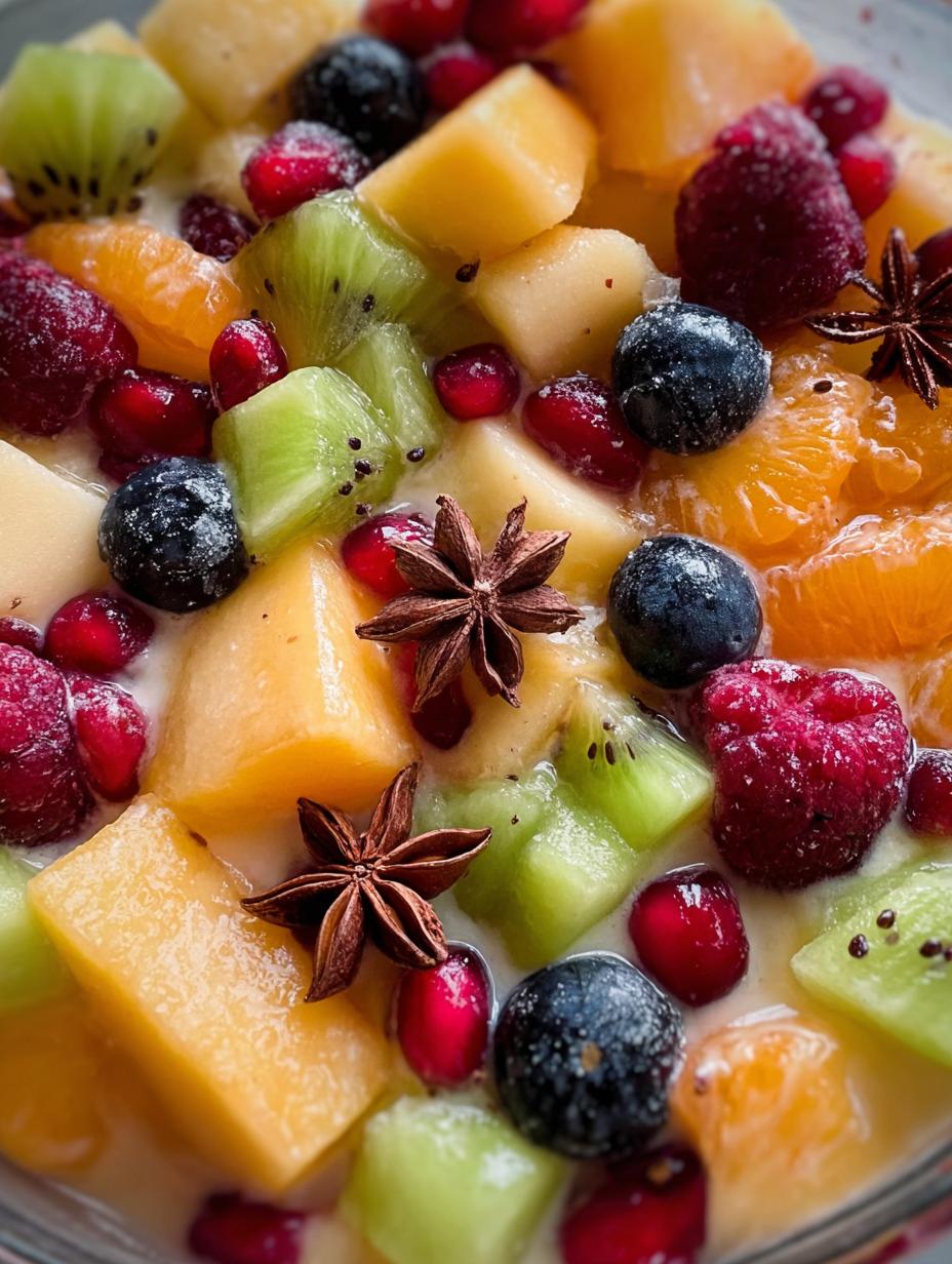 Vibrant Ensalada Navideña with red and green apples, bananas, grapes, and pineapple in a creamy dressing, ready to be served