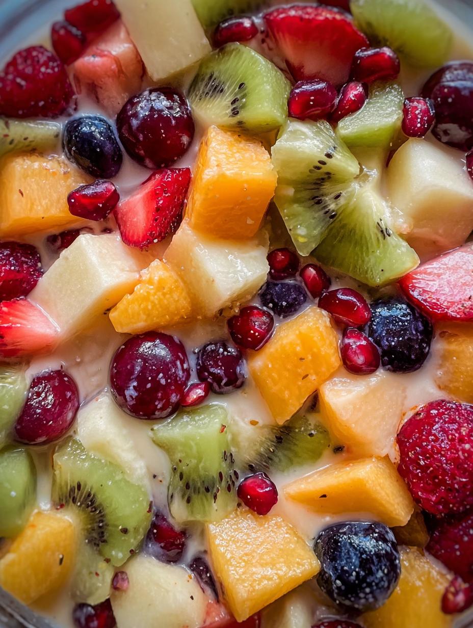 Close-up of creamy Ensalada Navideña in a glass bowl, showing the texture of the fruit and marshmallows coated in dressing
