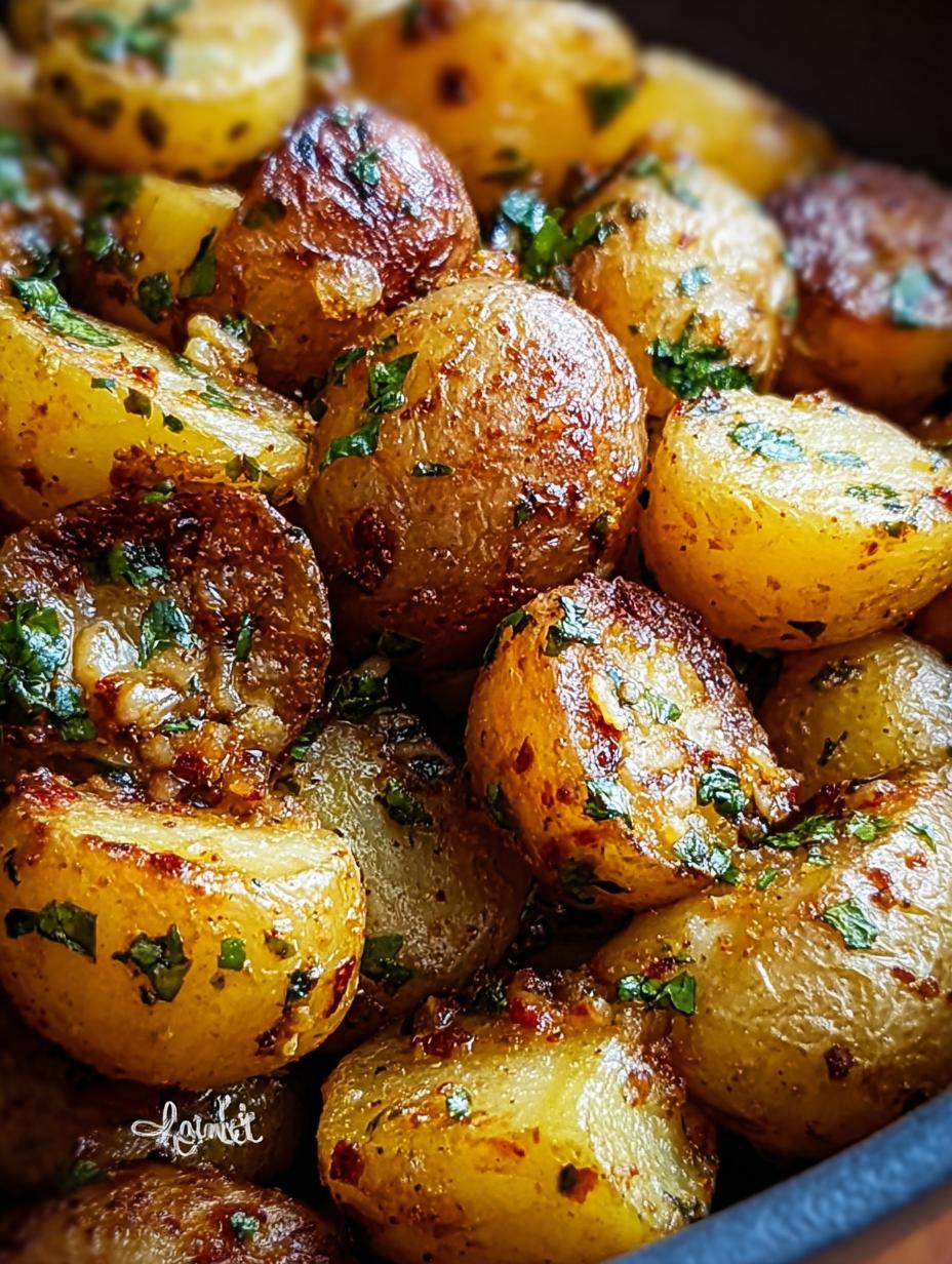 Delicious Garlic Butter Potatoes with fresh parsley, perfectly golden brown and crispy, served in a white bowl