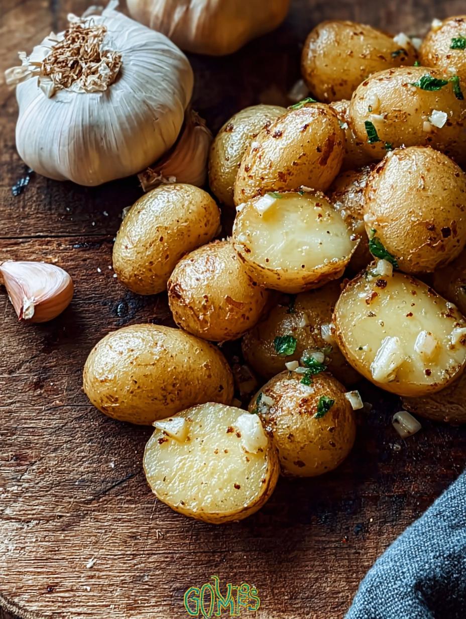 Close-up of golden brown Garlic Butter Potatoes in a cast iron skillet, garnished with fresh herbs