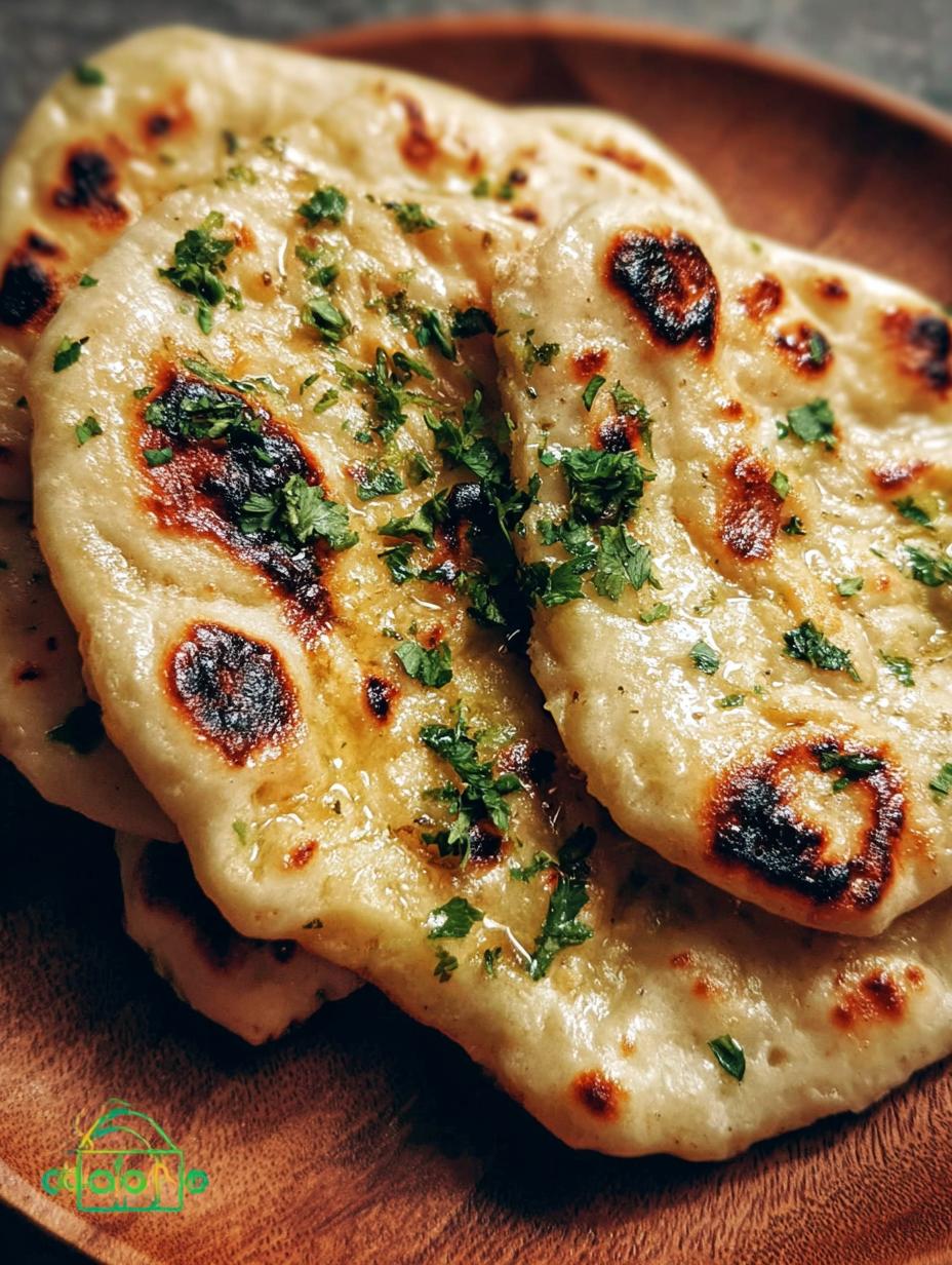Delicious homemade Garlic Naan bread, golden brown and brushed with garlic butter, ready to be served