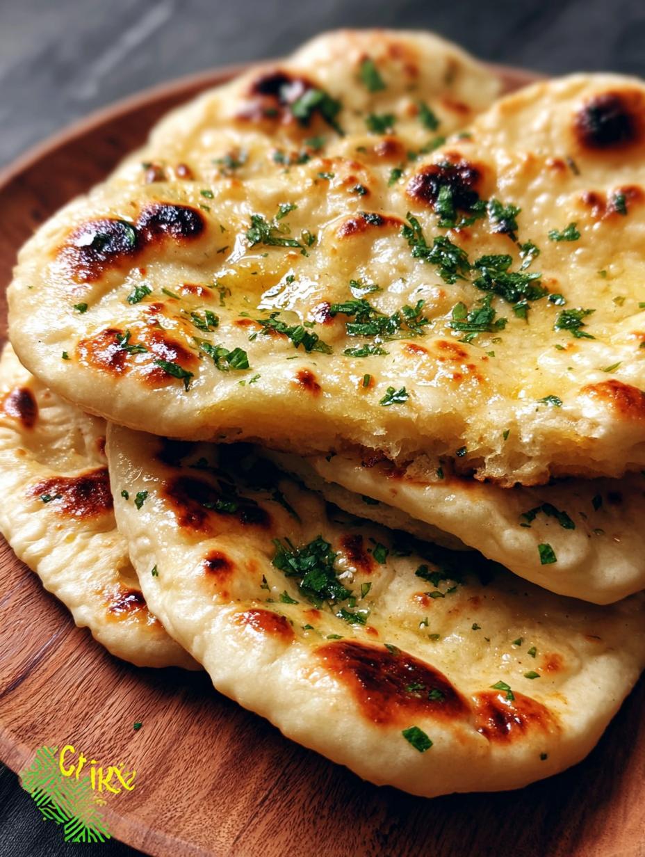 Close-up of freshly baked Garlic Naan with visible garlic and cilantro, perfect for dipping