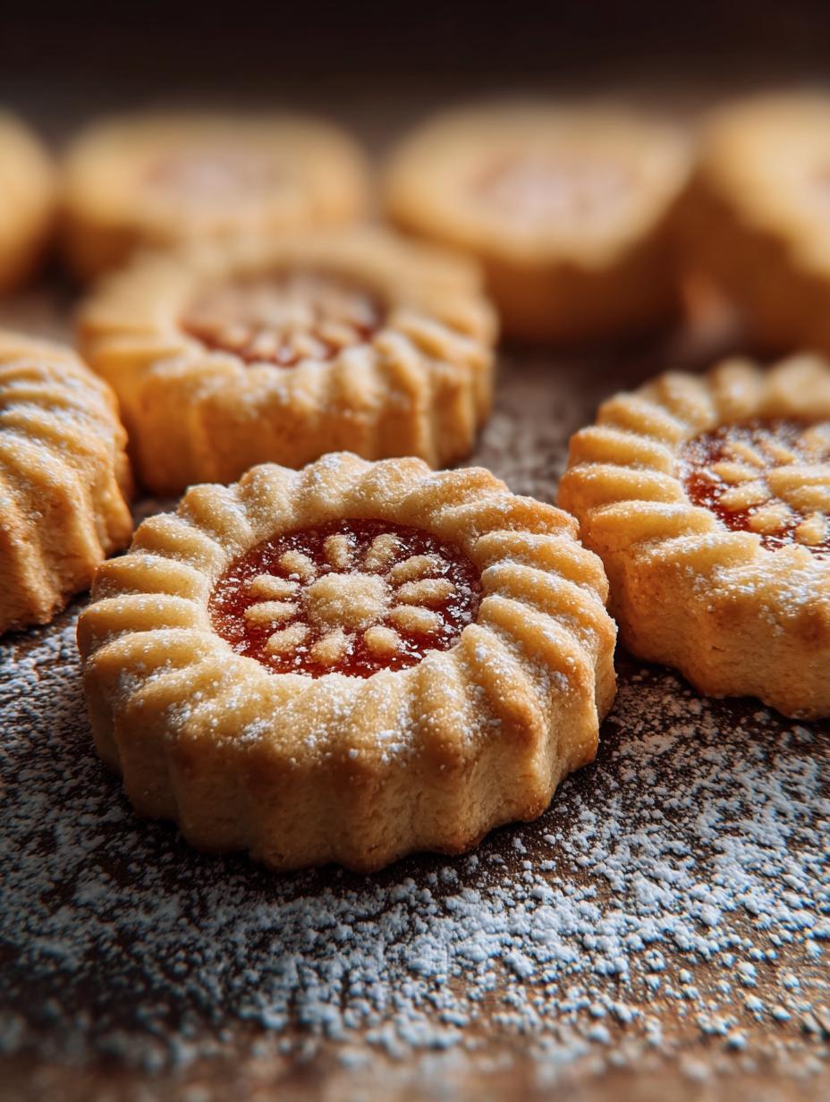 Close-up of freshly baked German Butter Cookies with a light golden edge, showcasing their delicate texture.