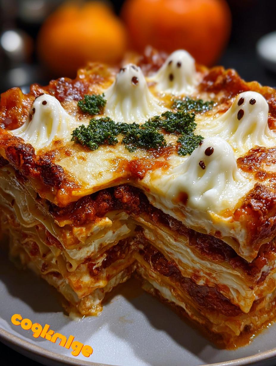 Delicious Ghostly Lasagna with spooky mozzarella ghosts on top, ready to serve for Halloween dinner