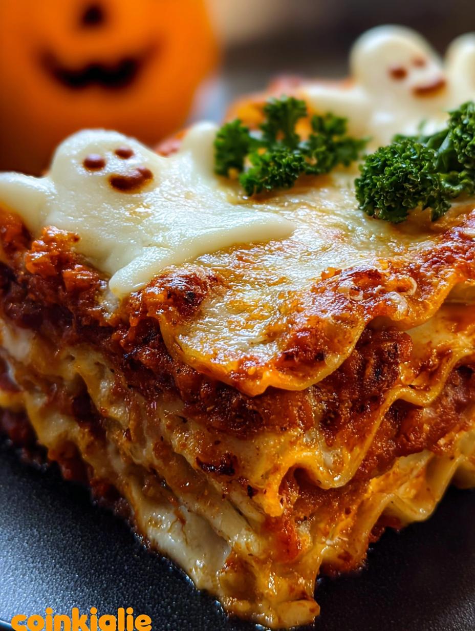 Close-up of a slice of Ghostly Lasagna showing layers of pasta, ricotta, spinach, and marinara, topped with a mozzarella ghost