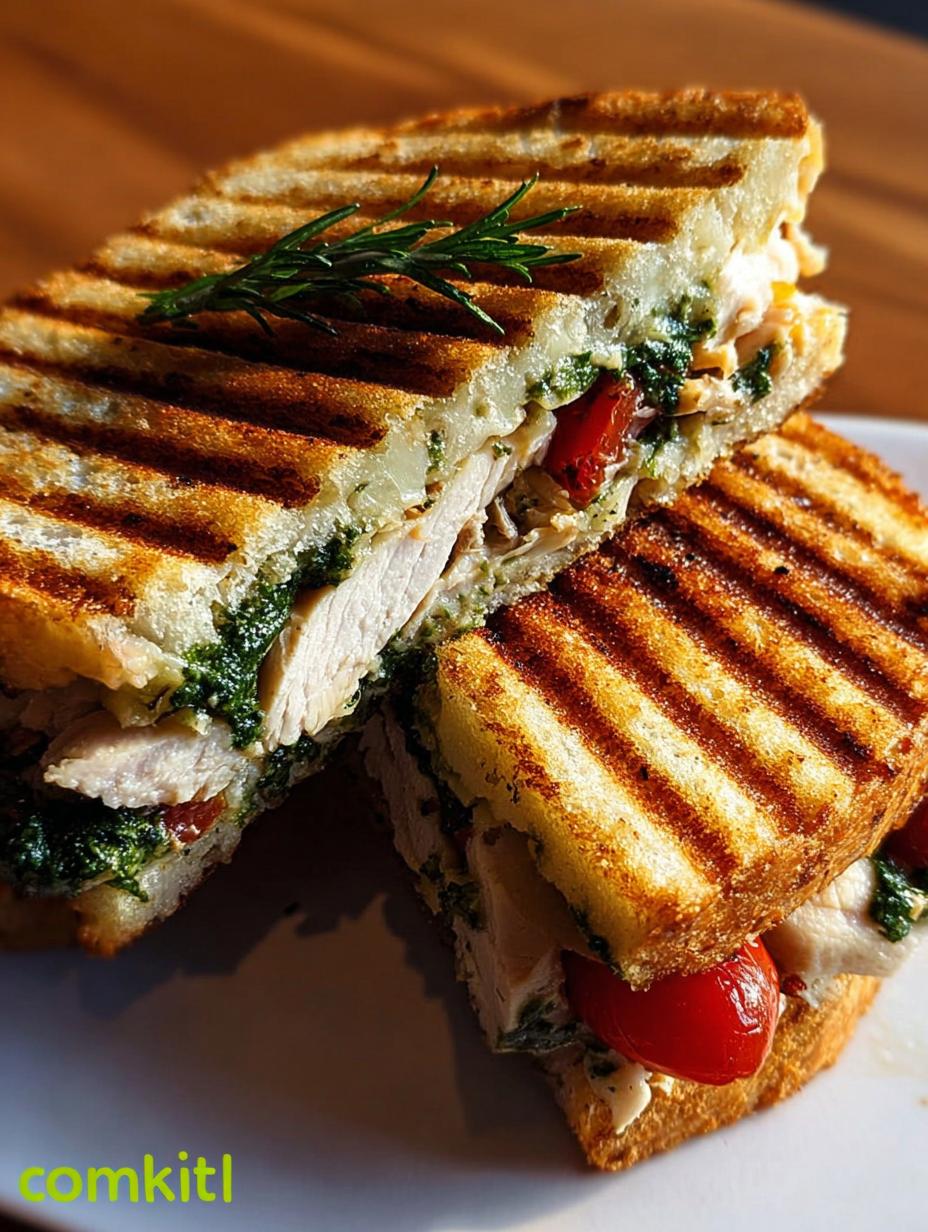 Deliciously golden-brown Grilled Chicken Panini Sandwich, perfectly pressed with melted cheese and fresh ingredients, ready to be served.