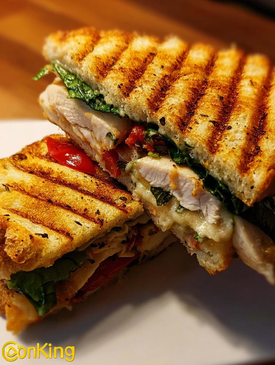 Close-up of a freshly cut Grilled Chicken Panini Sandwich, showing the melted mozzarella, tender chicken, and vibrant spinach inside.
