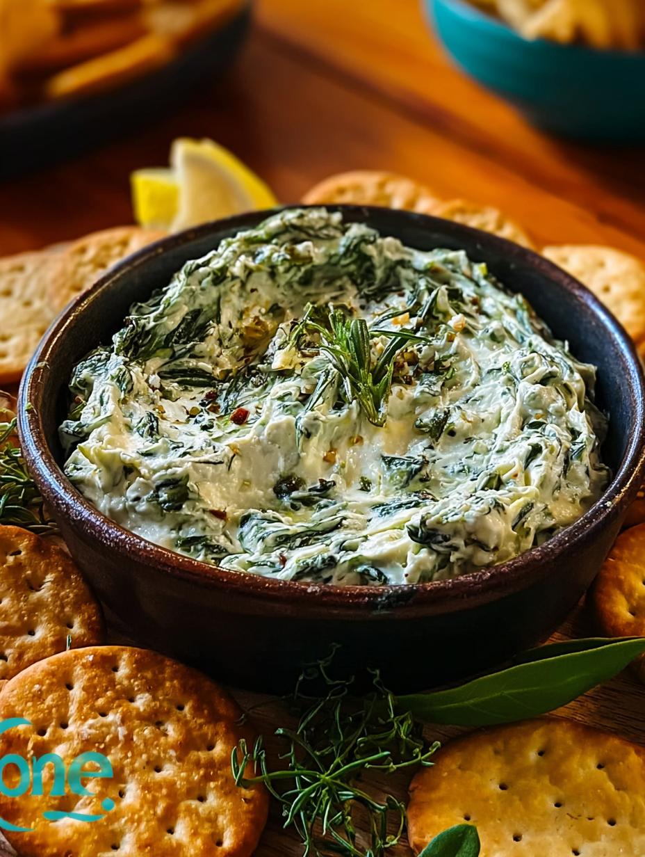 Delicious Herbed Spinach Dip in a white bowl with fresh herbs and crackers, ready to serve