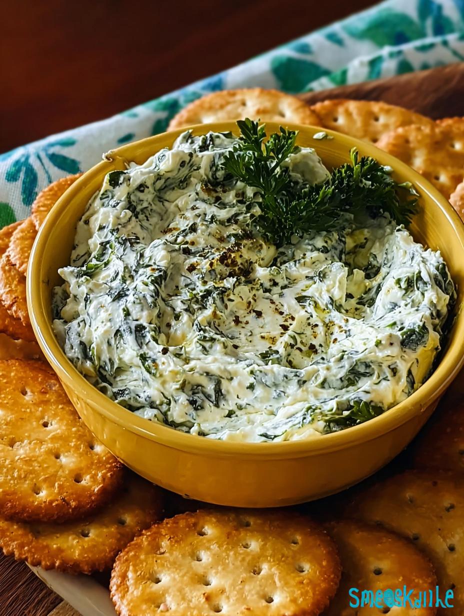 Close-up of creamy Herbed Spinach Dip garnished with fresh dill and chives