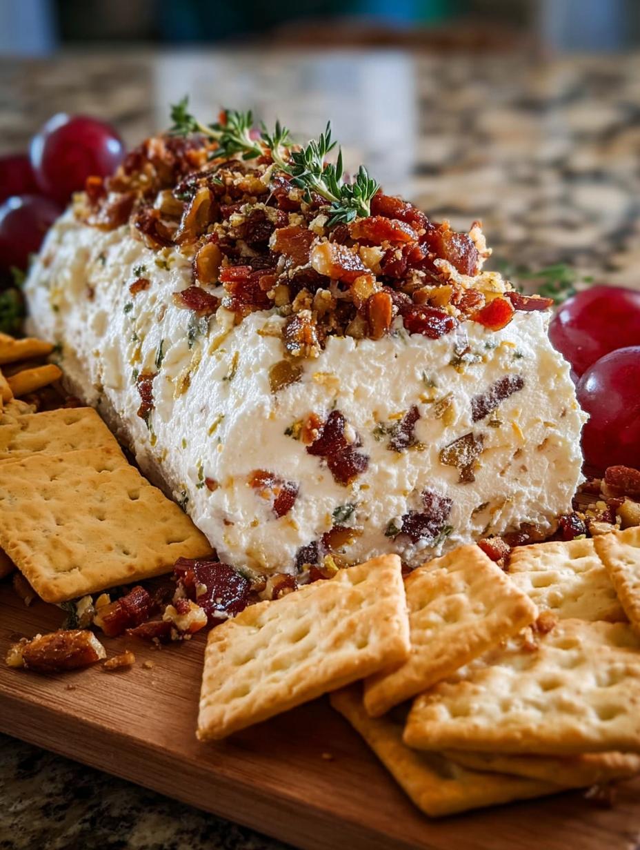Vibrant Holiday Antipasto Cream Cheese log on a platter with crackers, showcasing the colorful ingredients