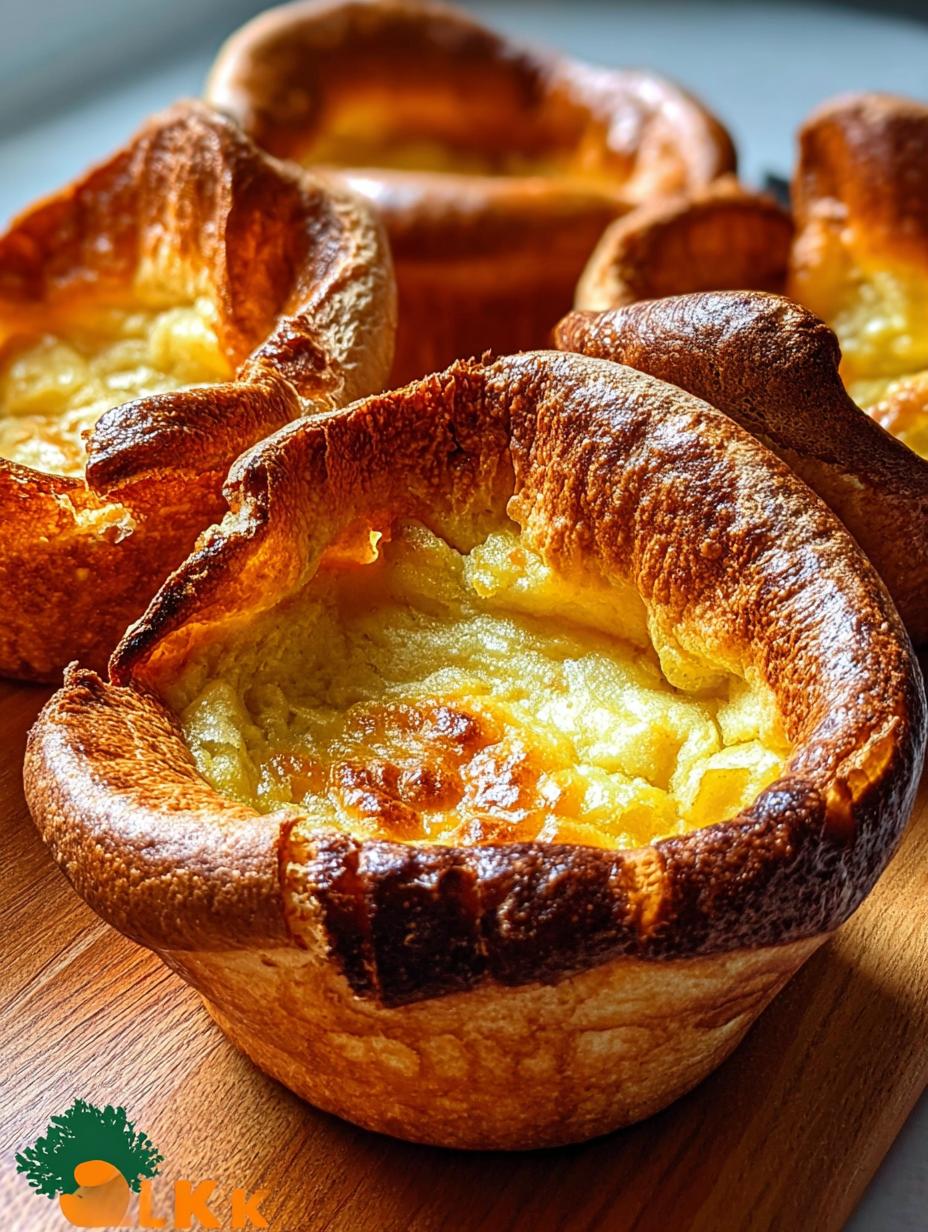 A close-up of perfectly risen Individual Yorkshire Puddings in a muffin tin, showcasing their golden-brown exterior