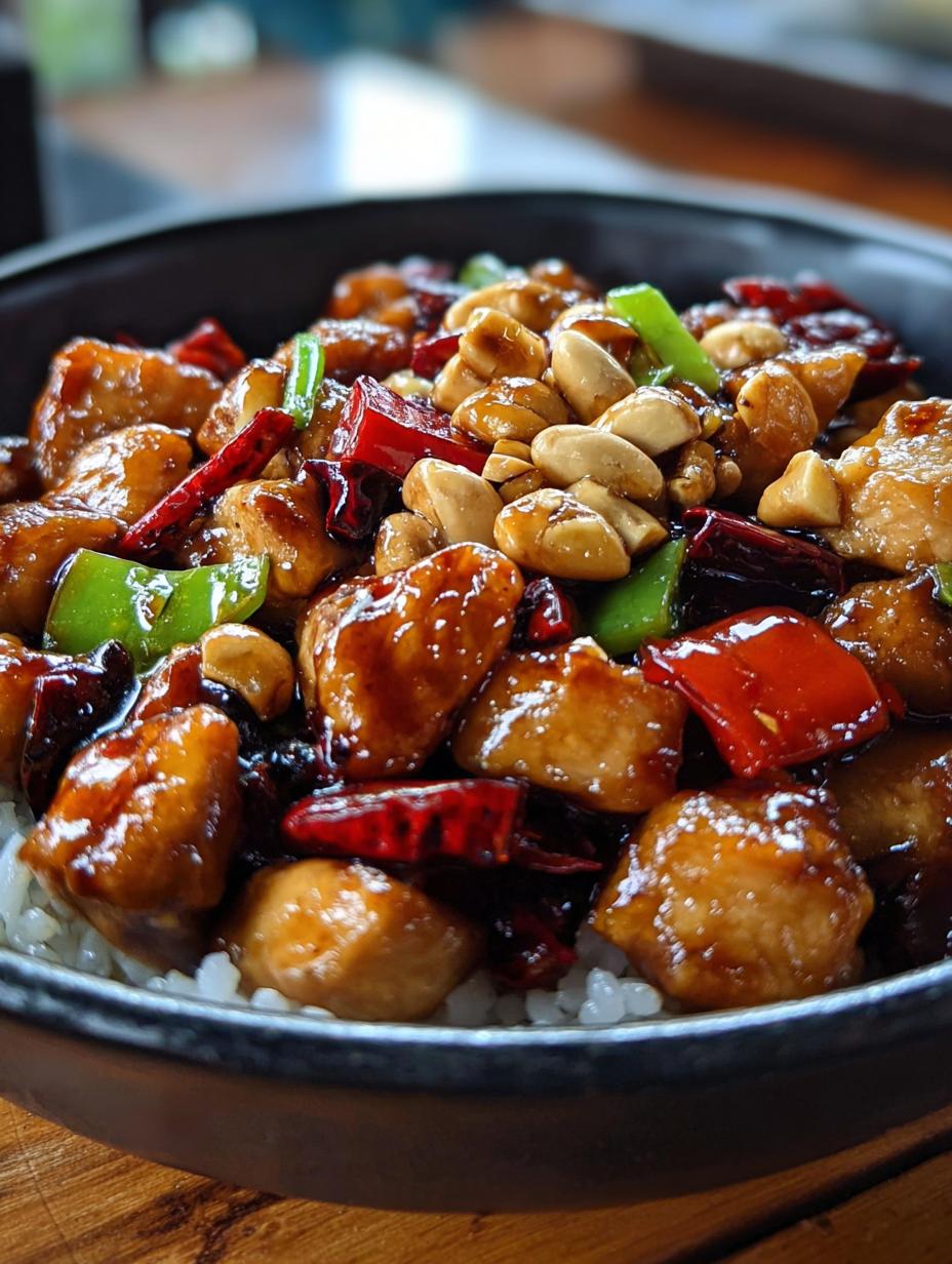 Delicious homemade Kung Pao Chicken stir-fry with tender chicken, peanuts, and colorful vegetables served over rice