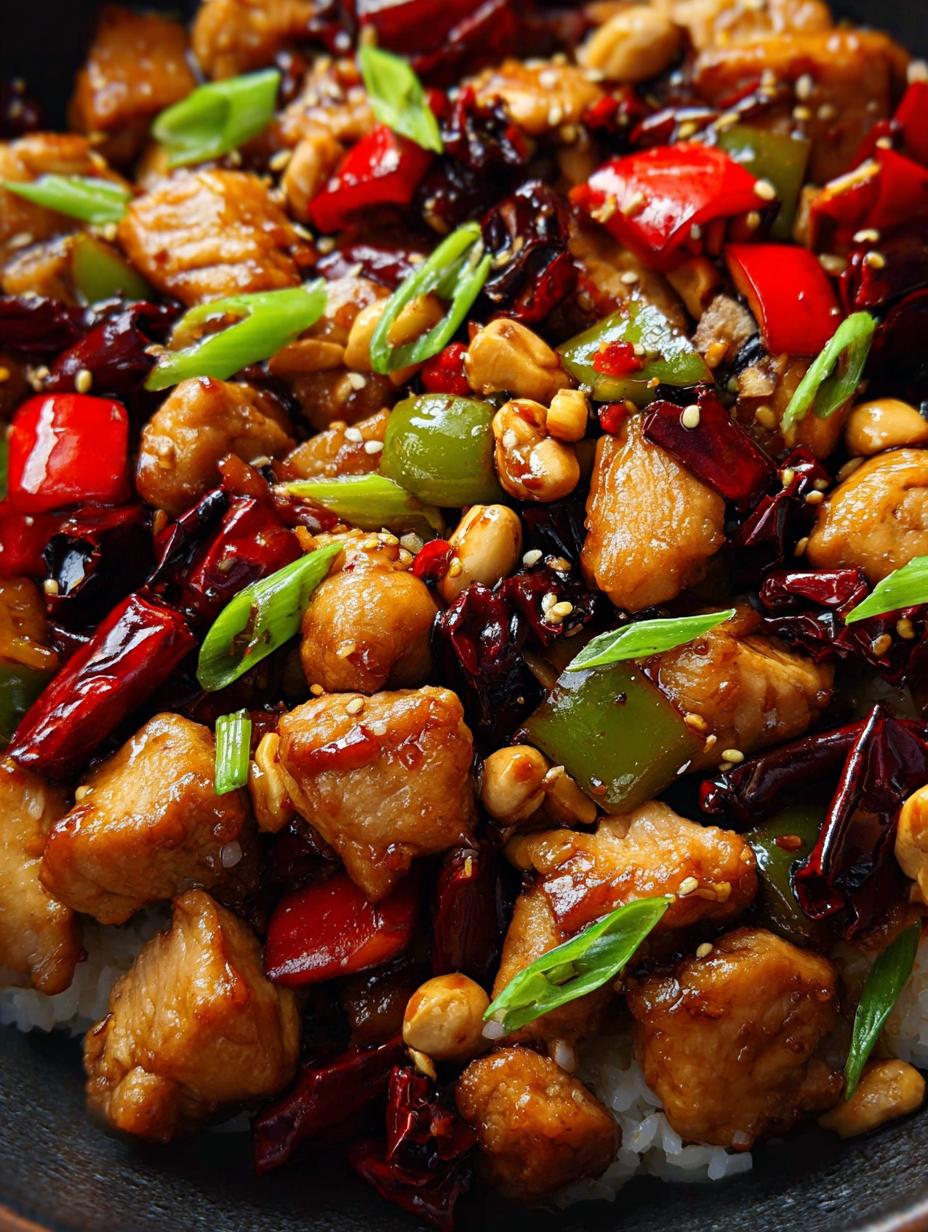 Close-up of a serving of Kung Pao Chicken with rice, showcasing the glossy sauce and crunchy peanuts