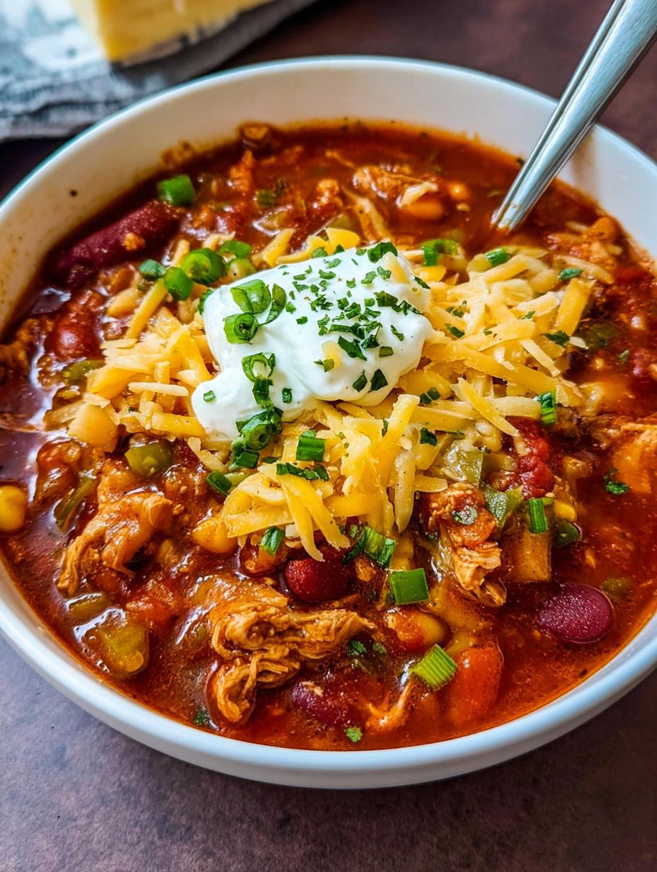 Hearty bowl of Leftover Turkey Chili garnished with cheese and sour cream