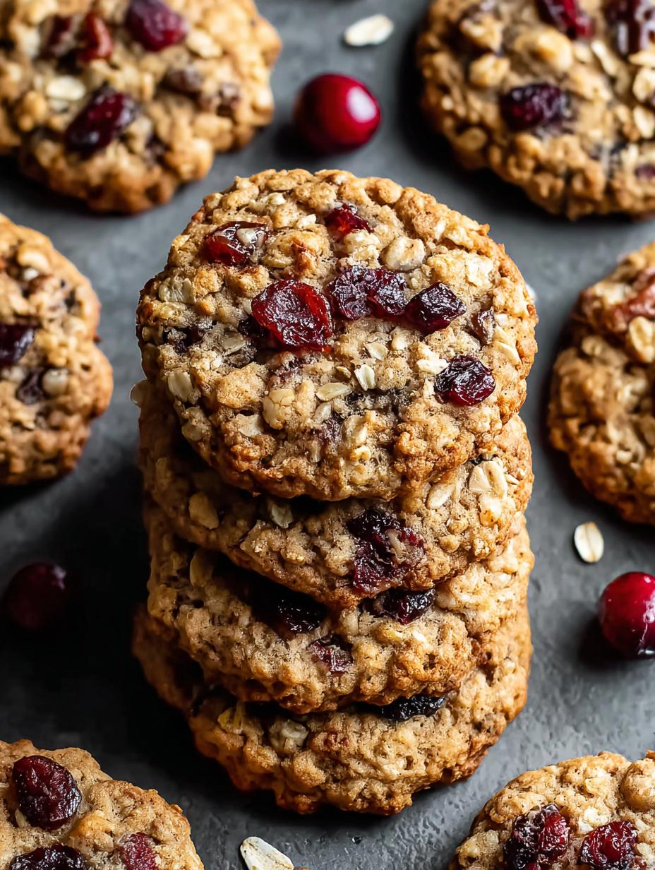 A close-up of a stack of freshly baked Oatmeal Cranberry Pecan Cookies, highlighting the cranberries and pecans