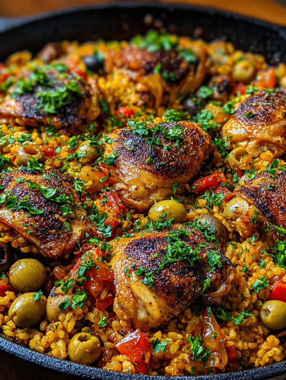 Delicious One Pan Spanish Chicken with crispy skin and vibrant rice, garnished with fresh cilantro and lime wedges, ready to serve.