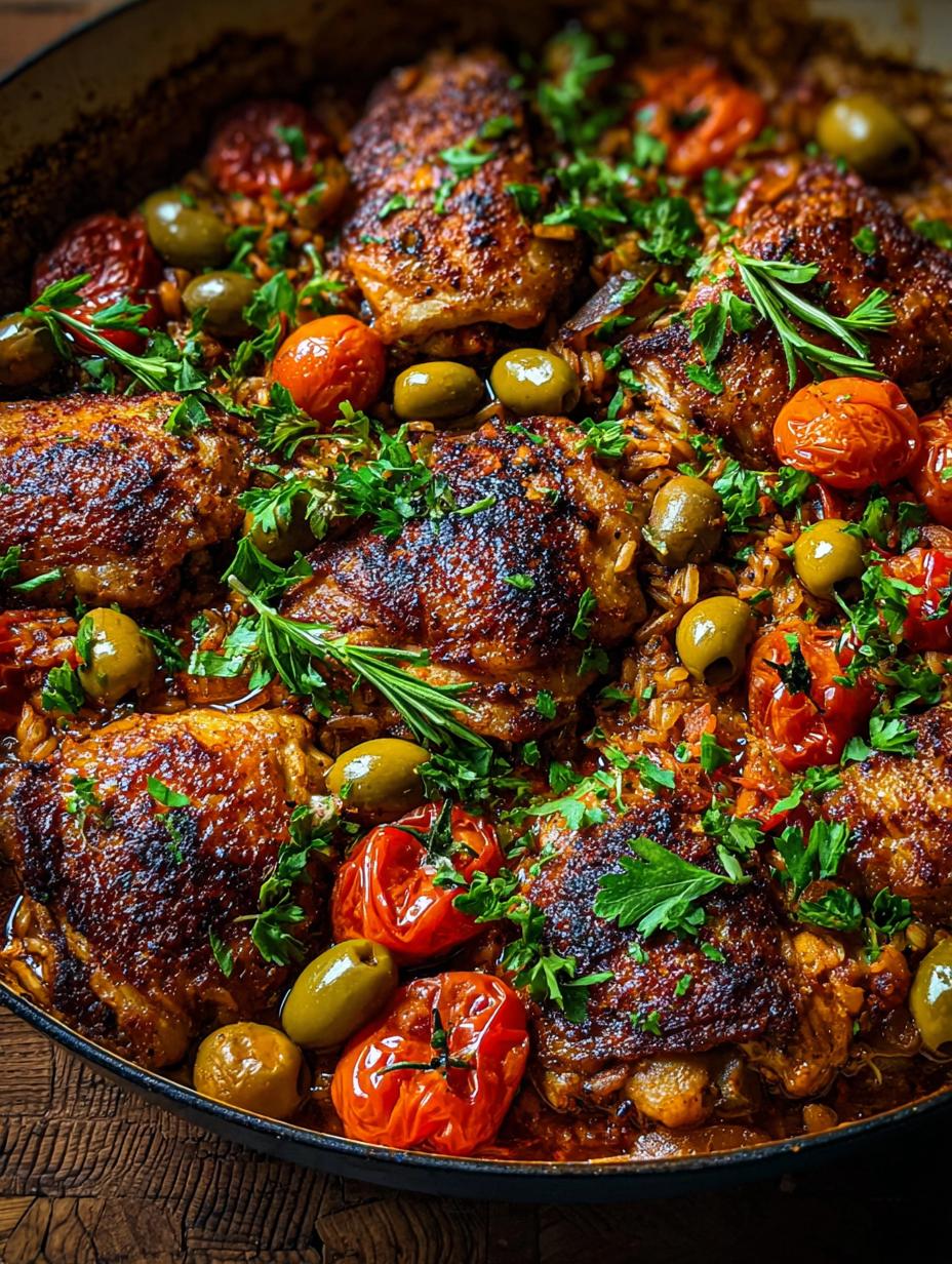 Close-up of a serving of One Pan Spanish Chicken, showing tender chicken, flavorful rice, and fresh cilantro, ready to be enjoyed.