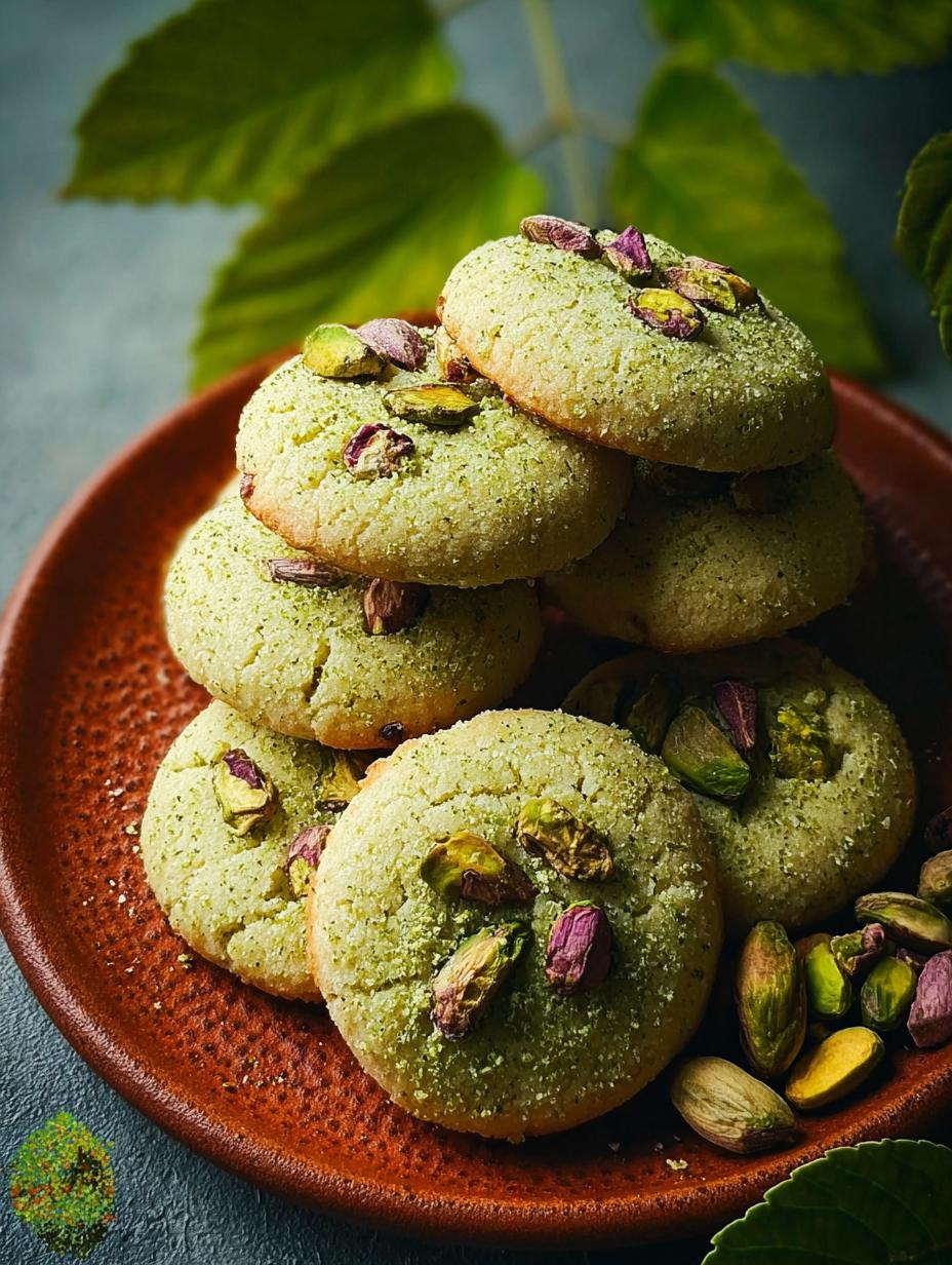 Close-up of a stack of Pistachio Wedding Cookies, generously coated in powdered sugar, showcasing their delicate texture and green specks
