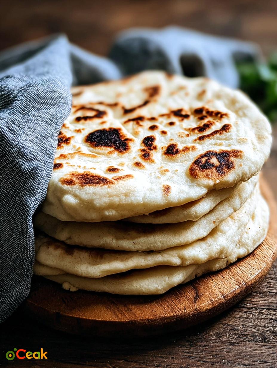 Close-up of a stack of warm, freshly baked homemade pita bread, showing its soft texture and slight golden crust