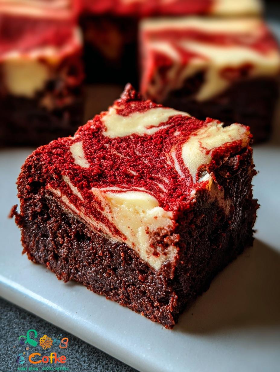 Deliciously fudgy Red Velvet Cheesecake Brownies with a creamy white swirl, perfectly sliced and ready to eat