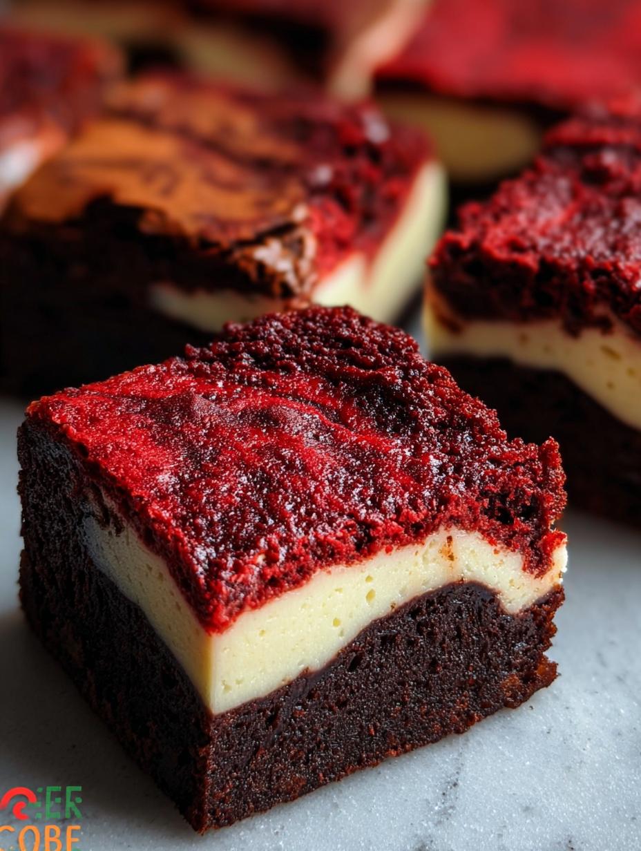 Close-up of a perfectly swirled Red Velvet Cheesecake Brownie, showcasing the rich red brownie and creamy white cheesecake layers