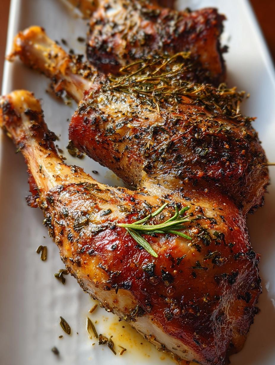 Delicious Roasted Herb Seasoned Turkey legs with crispy skin and fresh herbs, ready to serve