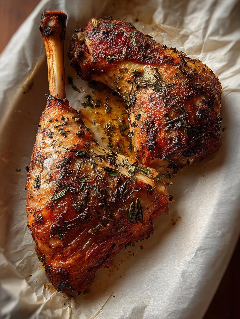 Close-up of a perfectly roasted herb seasoned turkey leg, golden brown and juicy